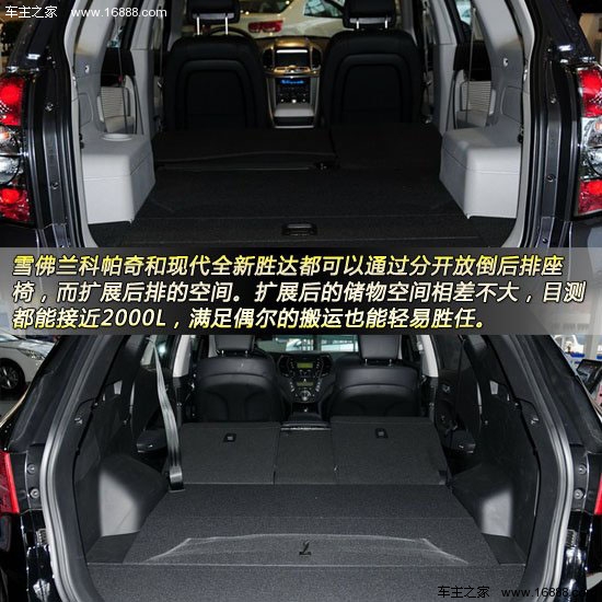雪佛兰科帕奇和现代全新胜达都可以通过分开放倒后排座椅,而