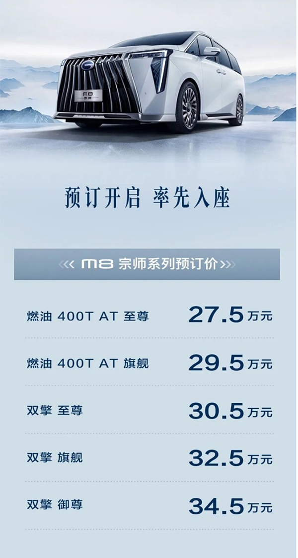 全新一代传祺M8宗师系列开启预售 预售27.5-34.5万