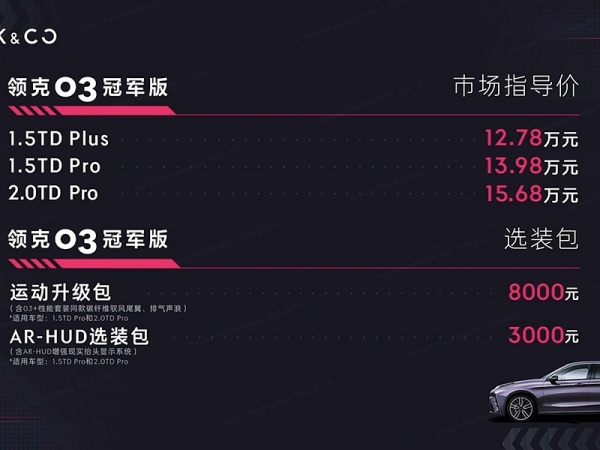 领克03 全部在售 2023款 2022款 2021款 2020款 2019款 2018款领克03冠军版上市 售价为12.78-15.68万