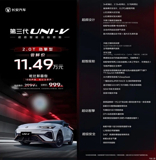 新款长安UNI-V开始预售 尝鲜价11.49万