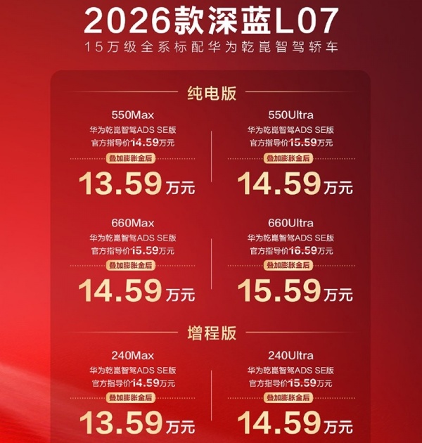 2026款深蓝L07正式上市 售价14.59-16.59万