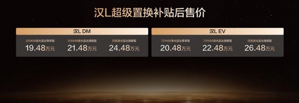 比亚迪汉L携新车色与智能OTA登场，补贴后售价19.48万～26.48万元