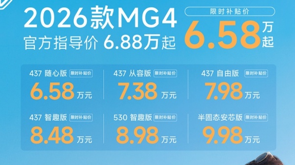 2026北京车展：全新MG4售价6.88-10.28万